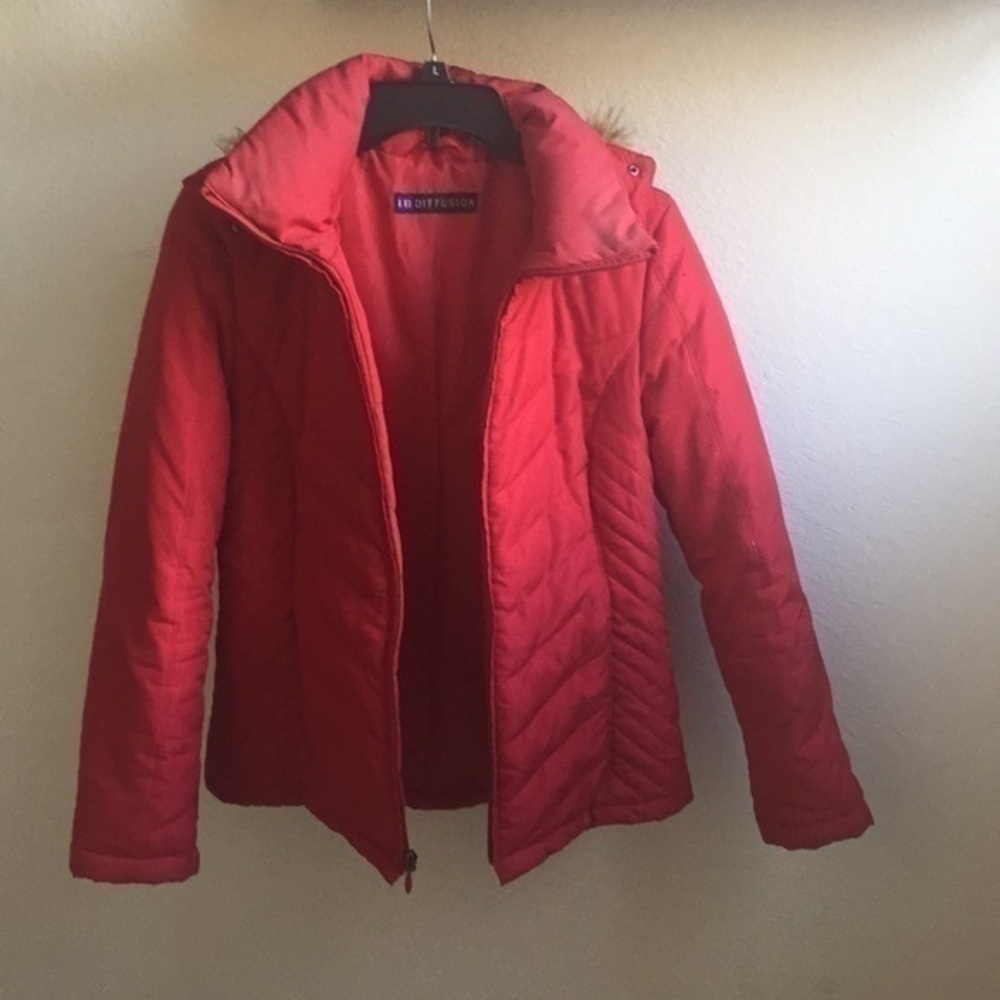 $20 SALE Puffer Down Coat Jacket Removable Hood Faux Fur Trim Winter Fall Red - Picture 2 of 8